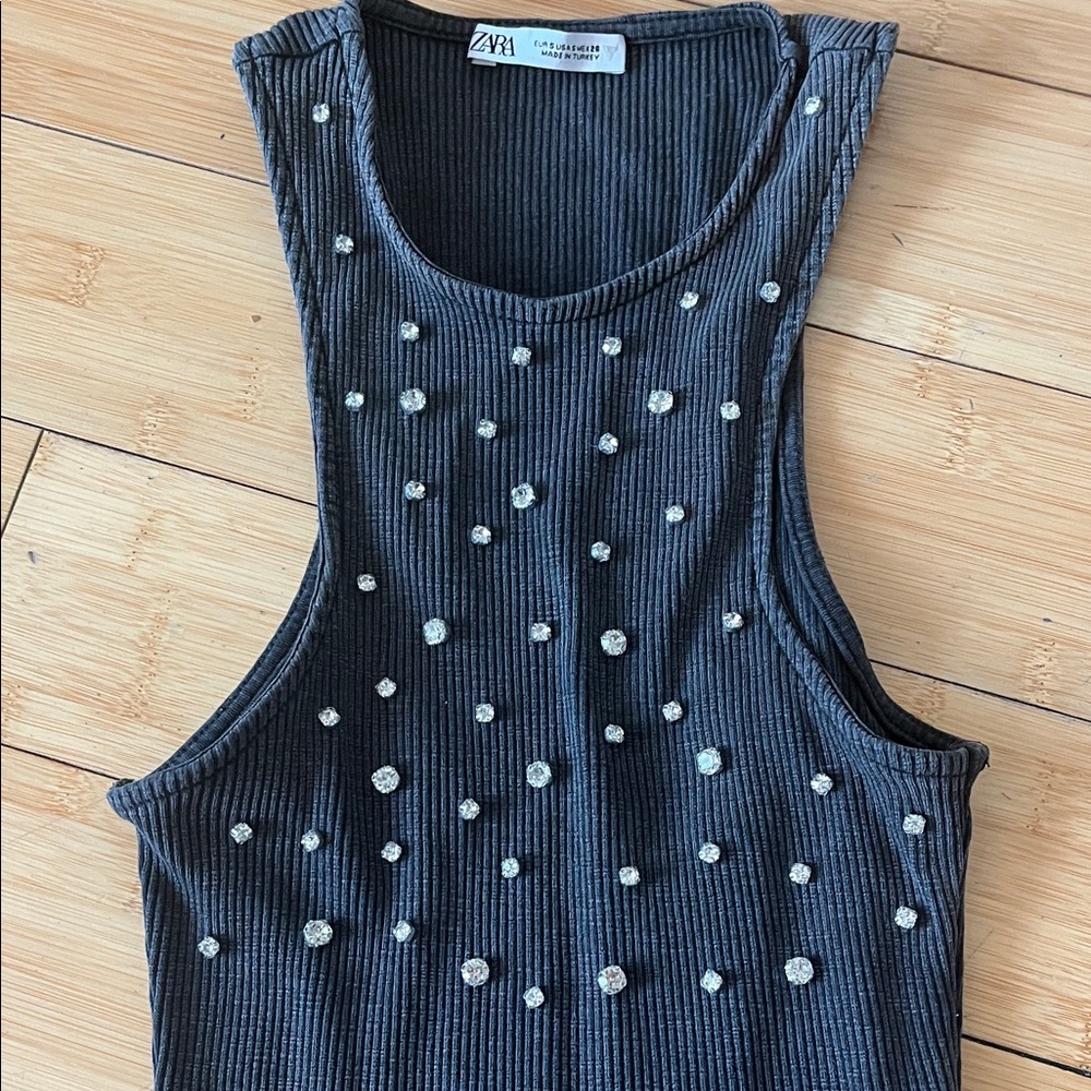 Zara Gray Tank Top with Rhinestone Embellishments